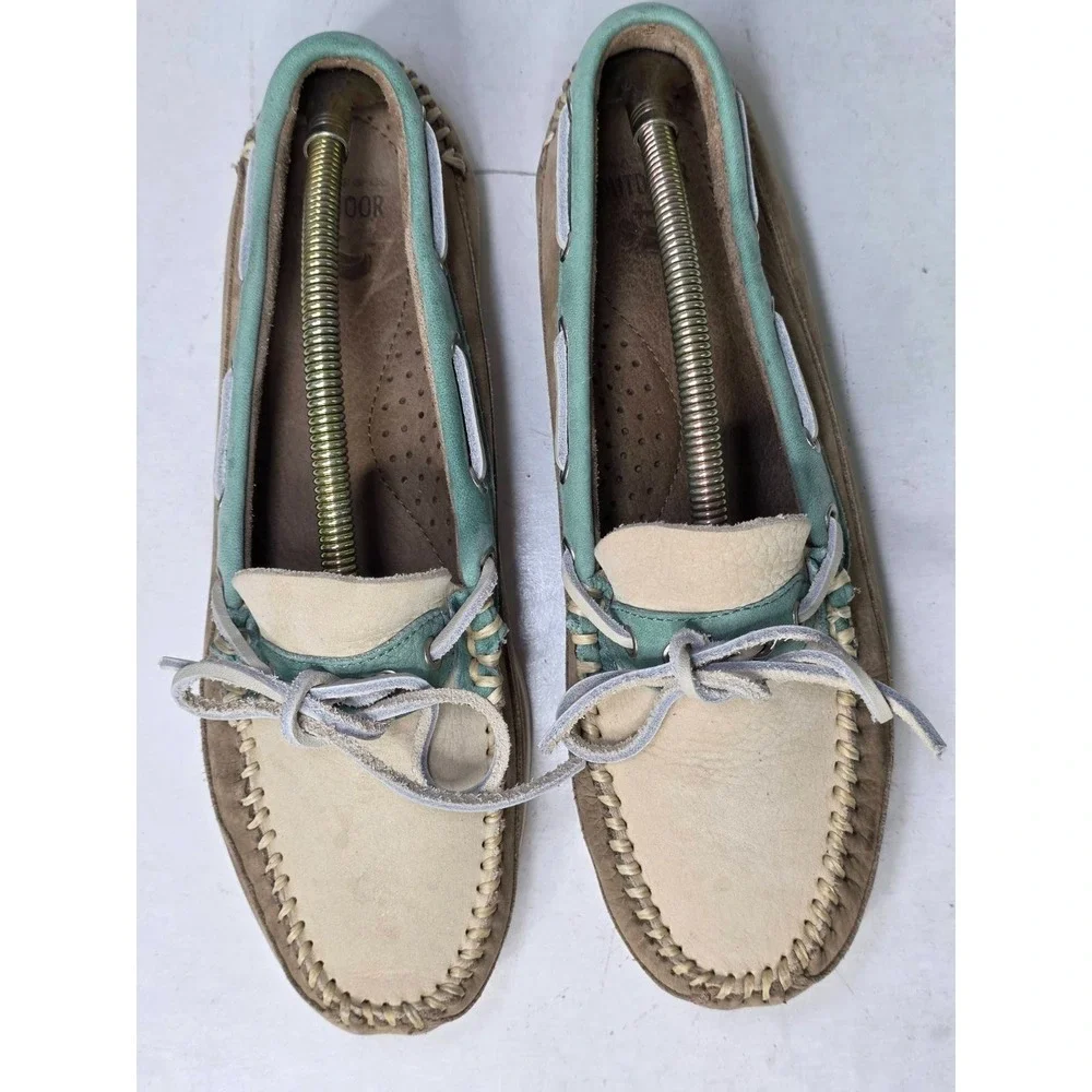 GH Bass Men's Boat Shoes Size 8.5 Brown Teal‎ Beige Suede Slip On Arch Loafers